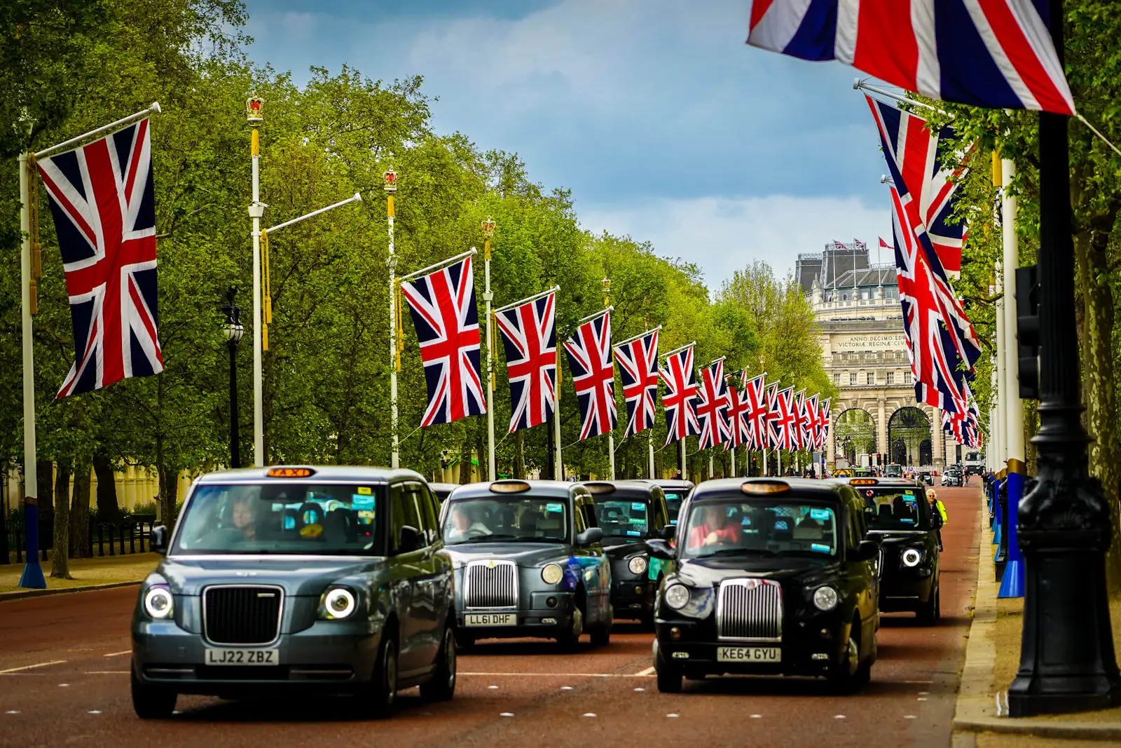 London taxis with Union Jack flags